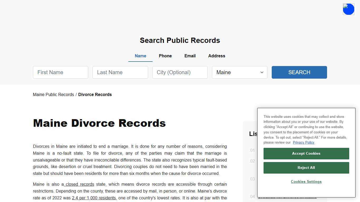 Maine Public Divorce Records - Decrees & Certificates